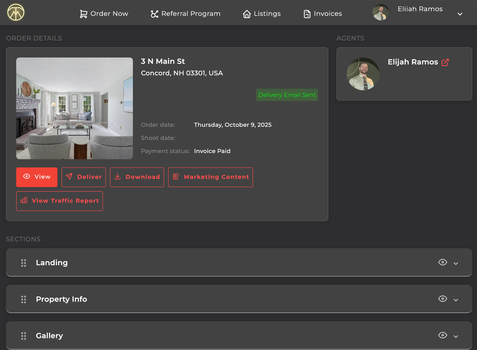 Listing dashboard with links to the property website and traffic report