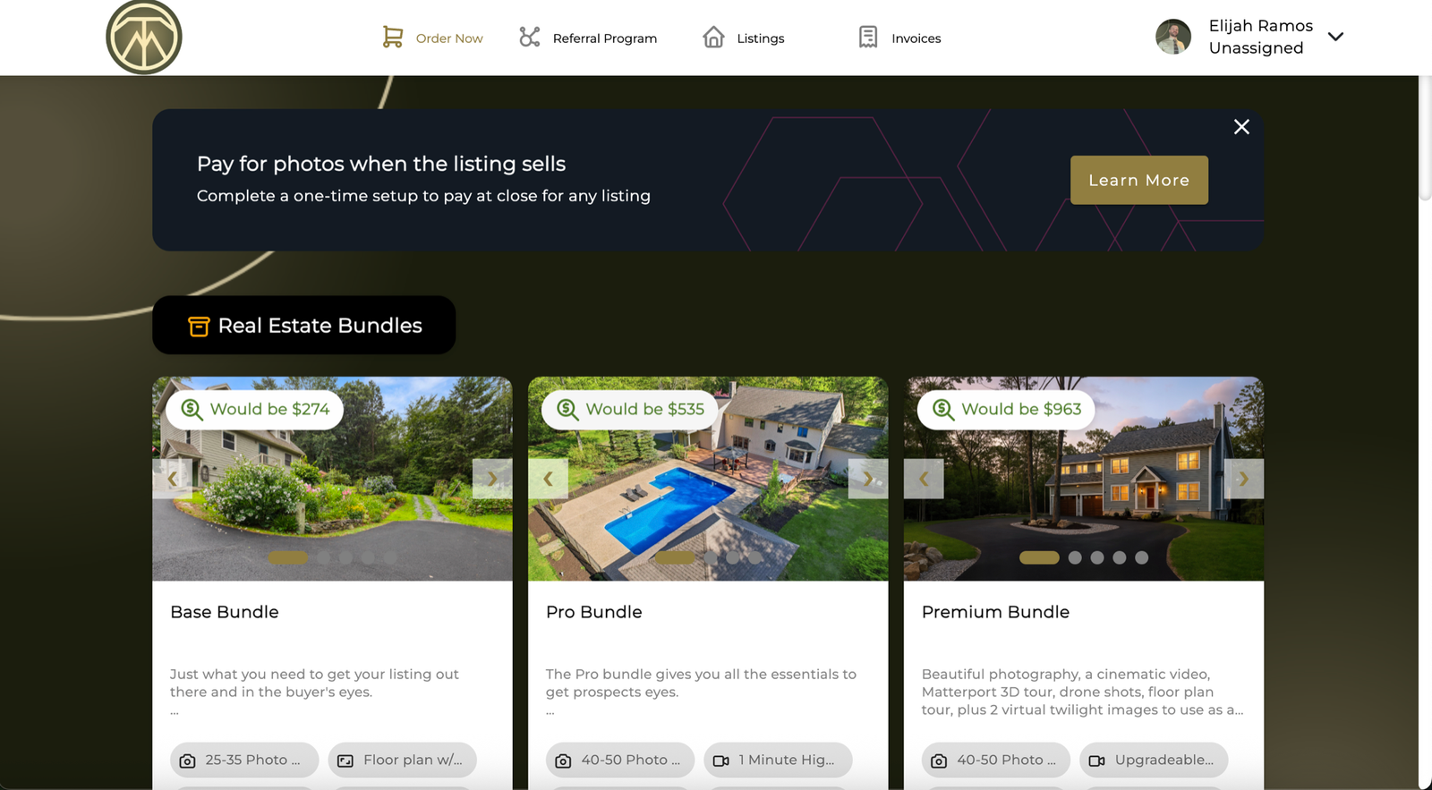 Online ordering page showing real estate bundle options